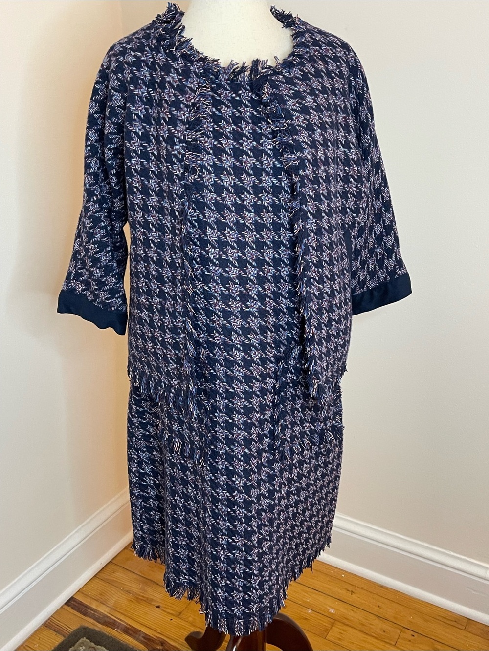Jade Melody Tam Tweed Jacket Dress Suit Set Navy Fringe Pockets Small